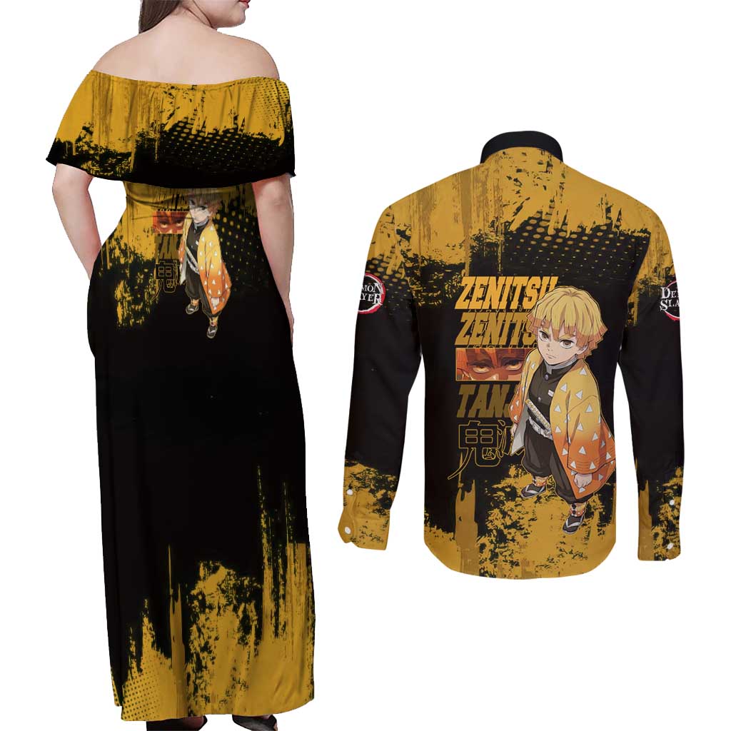 Zenitsu Agatsuma Demon Slayer Yellow Grunge Design Couples Matching Off Shoulder Maxi Dress and Long Sleeve Button Shirt with Lightning Eyes and Bold Pose - The Mazicc
