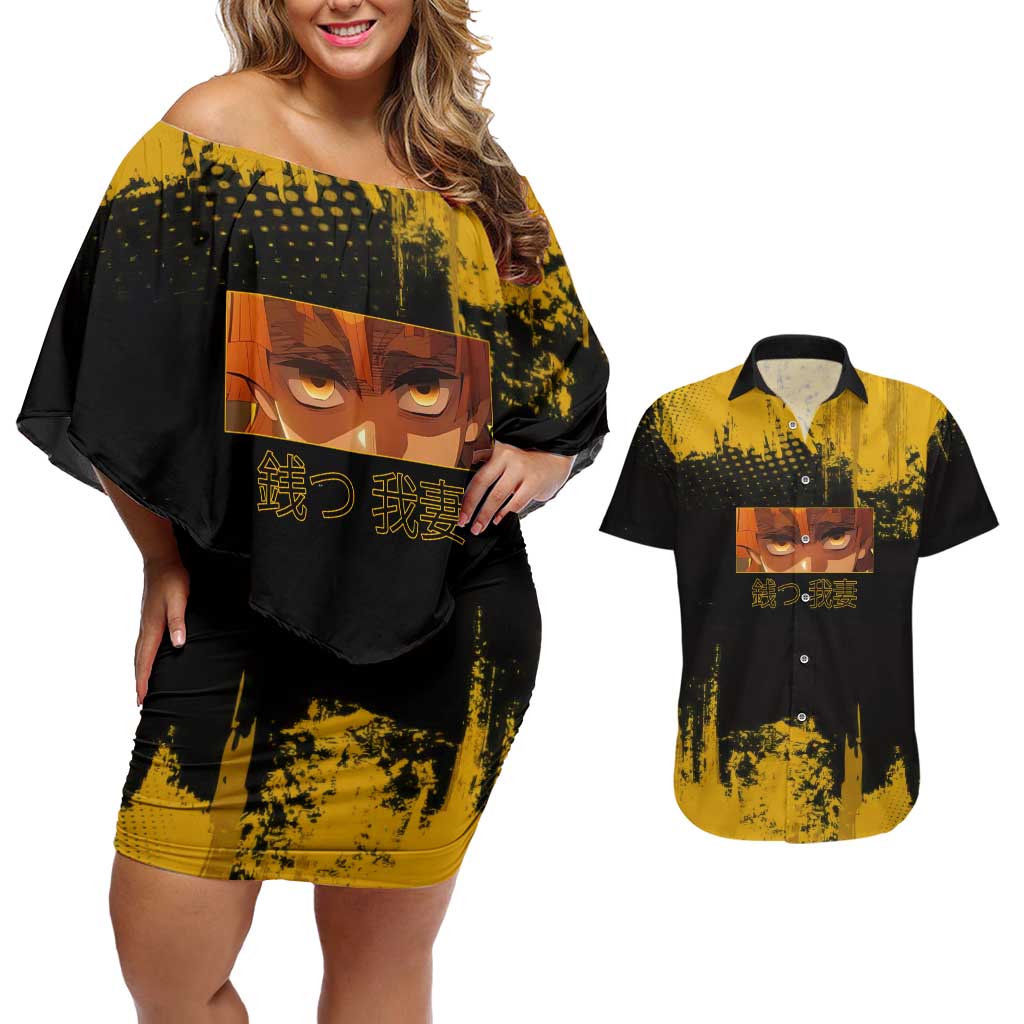Zenitsu Agatsuma Demon Slayer Yellow Grunge Design Couples Matching Off Shoulder Short Dress and Hawaiian Shirt with Lightning Eyes and Bold Pose - The Mazicc