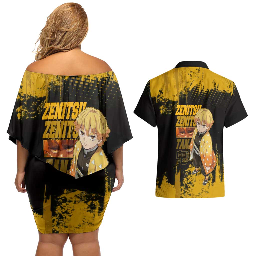 Zenitsu Agatsuma Demon Slayer Yellow Grunge Design Couples Matching Off Shoulder Short Dress and Hawaiian Shirt with Lightning Eyes and Bold Pose - The Mazicc