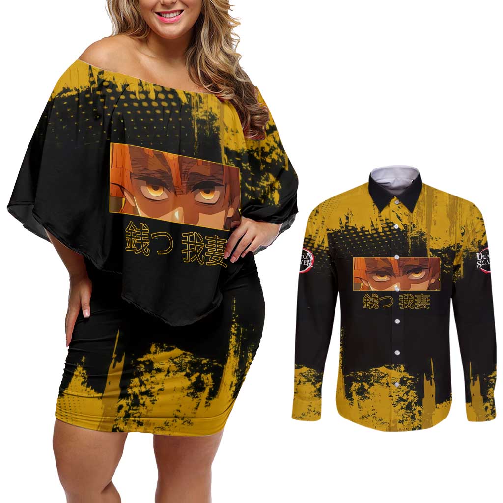 Zenitsu Agatsuma Demon Slayer Yellow Grunge Design Couples Matching Off Shoulder Short Dress and Long Sleeve Button Shirt with Lightning Eyes and Bold Pose - The Mazicc
