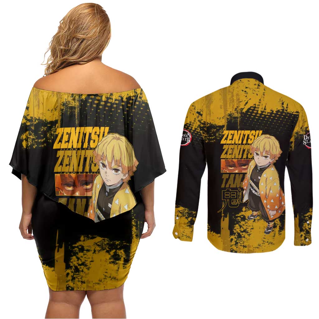 Zenitsu Agatsuma Demon Slayer Yellow Grunge Design Couples Matching Off Shoulder Short Dress and Long Sleeve Button Shirt with Lightning Eyes and Bold Pose - The Mazicc