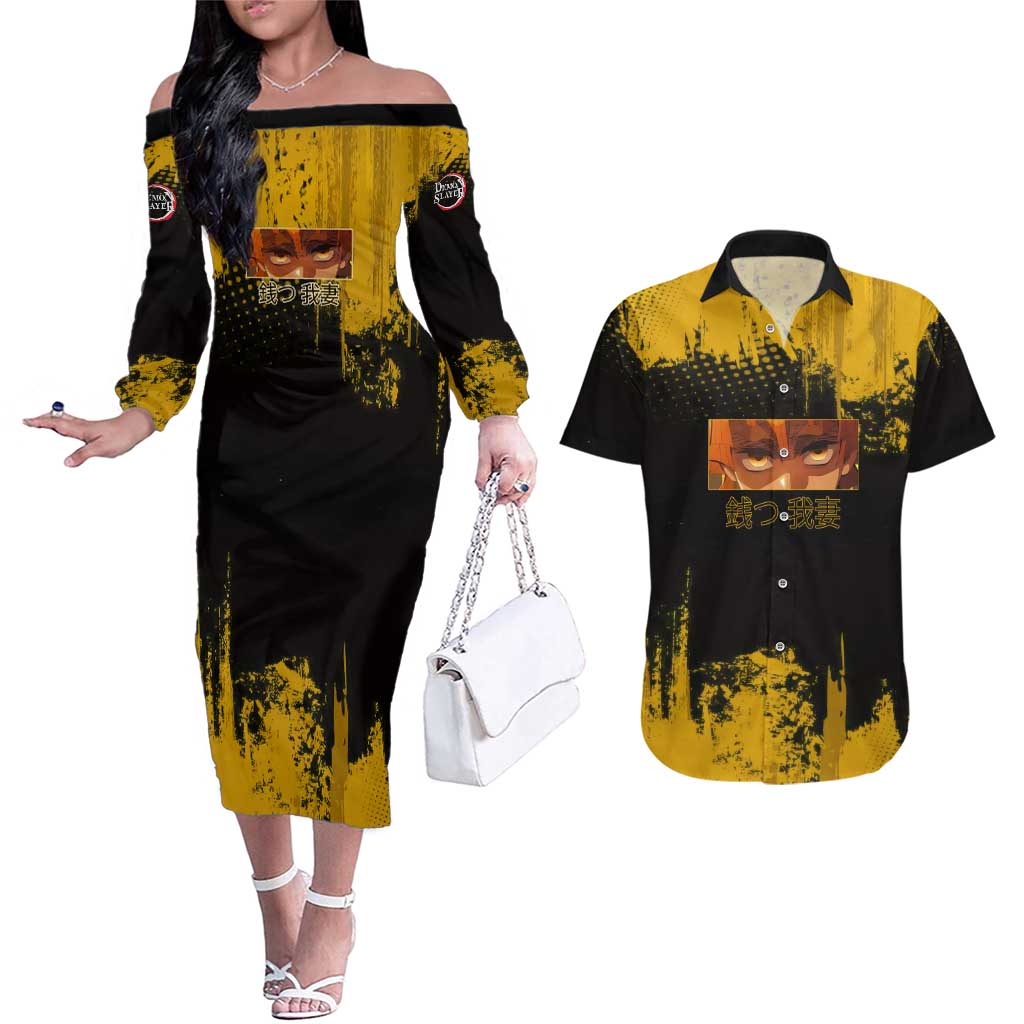 Zenitsu Agatsuma Demon Slayer Yellow Grunge Design Couples Matching Off The Shoulder Long Sleeve Dress and Hawaiian Shirt with Lightning Eyes and Bold Pose - The Mazicc