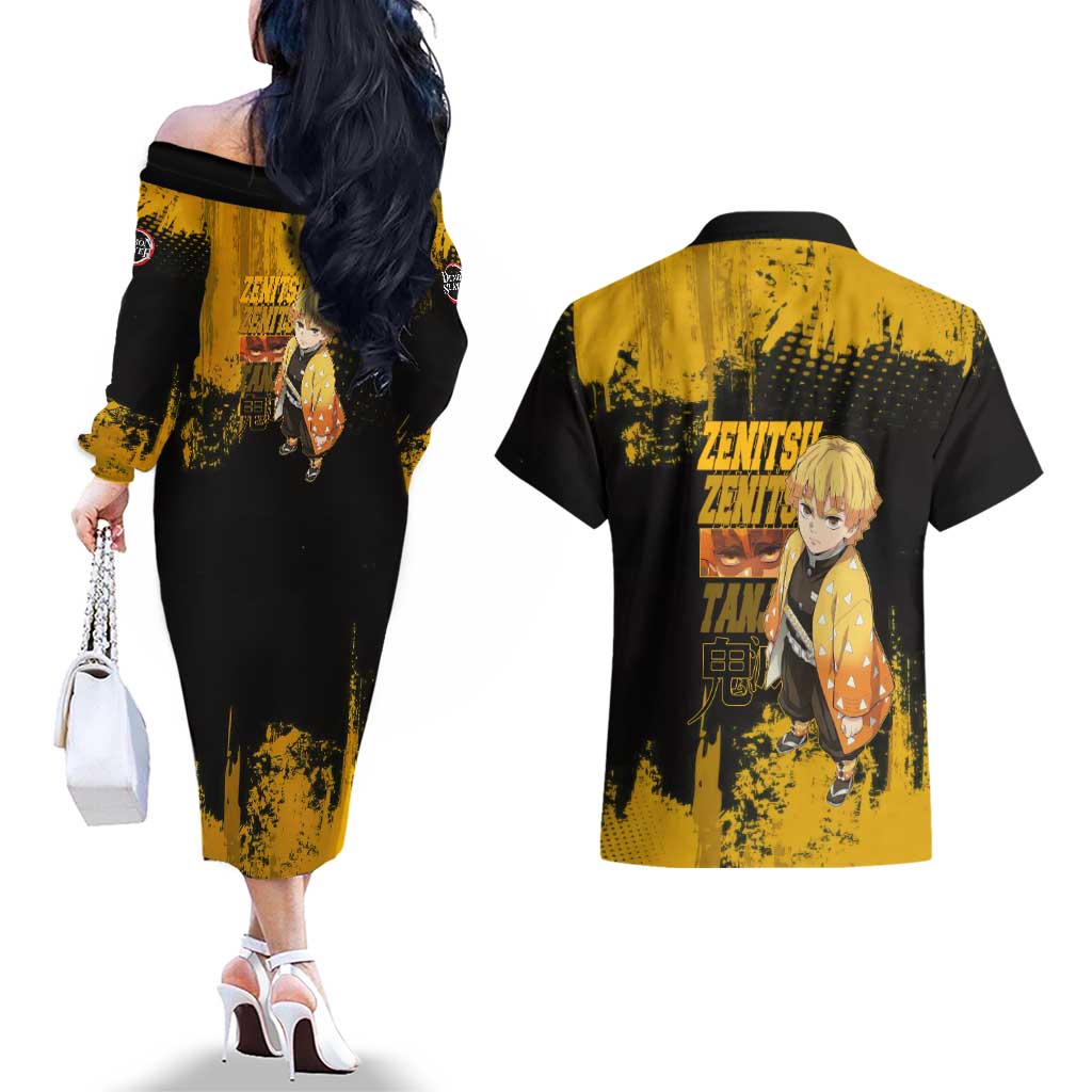 Zenitsu Agatsuma Demon Slayer Yellow Grunge Design Couples Matching Off The Shoulder Long Sleeve Dress and Hawaiian Shirt with Lightning Eyes and Bold Pose - The Mazicc