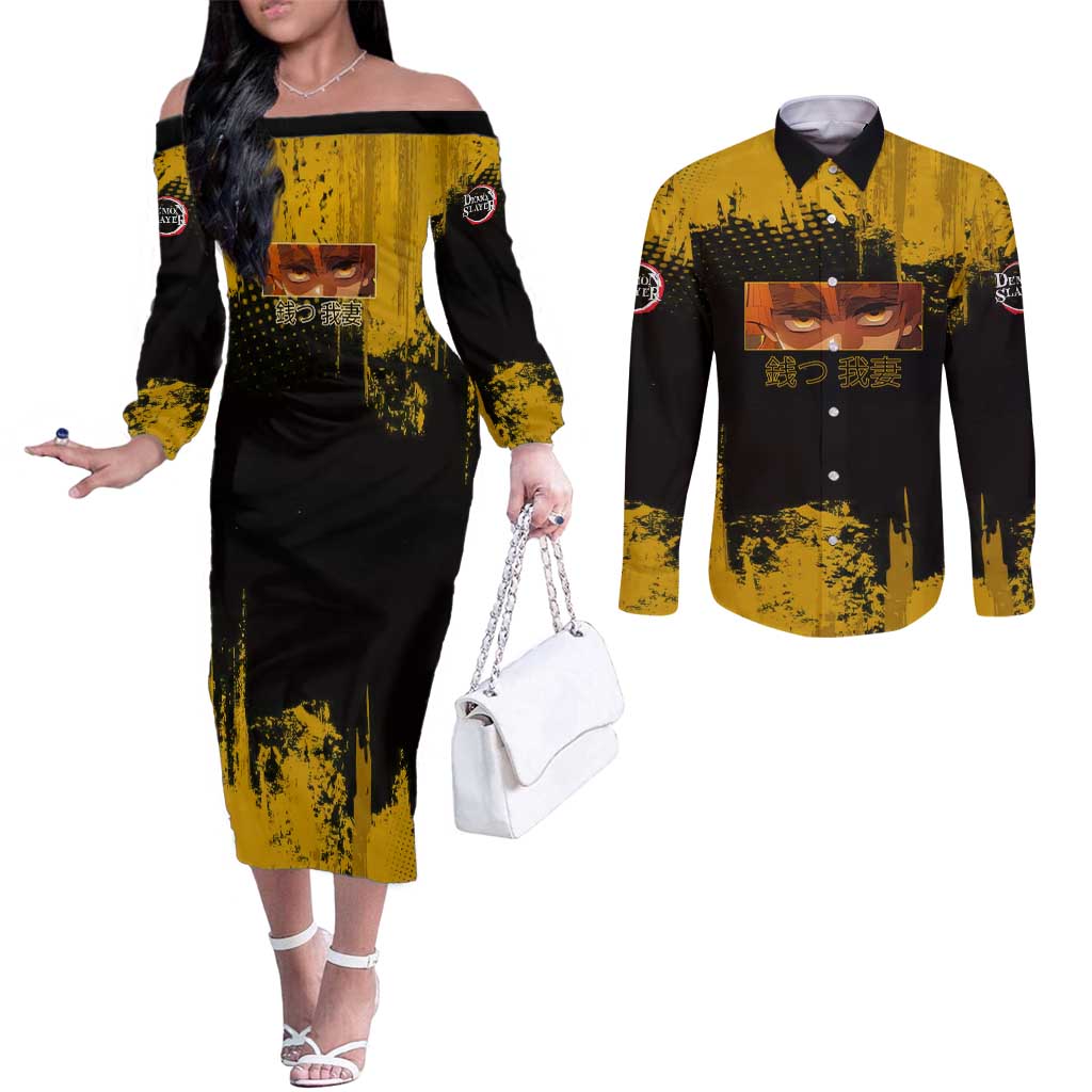 Zenitsu Agatsuma Demon Slayer Yellow Grunge Design Couples Matching Off The Shoulder Long Sleeve Dress and Long Sleeve Button Shirt with Lightning Eyes and Bold Pose - The Mazicc