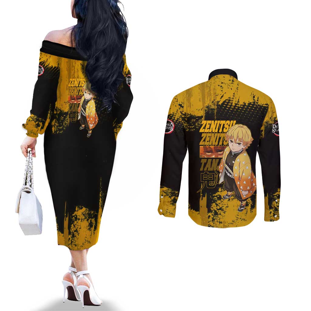 Zenitsu Agatsuma Demon Slayer Yellow Grunge Design Couples Matching Off The Shoulder Long Sleeve Dress and Long Sleeve Button Shirt with Lightning Eyes and Bold Pose - The Mazicc