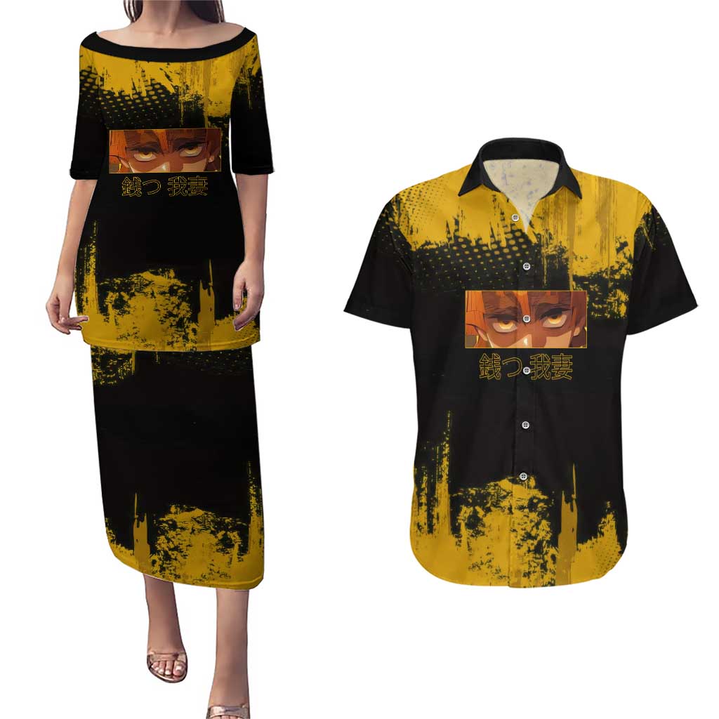 Zenitsu Agatsuma Demon Slayer Yellow Grunge Design Couples Matching Puletasi and Hawaiian Shirt with Lightning Eyes and Bold Pose - The Mazicc