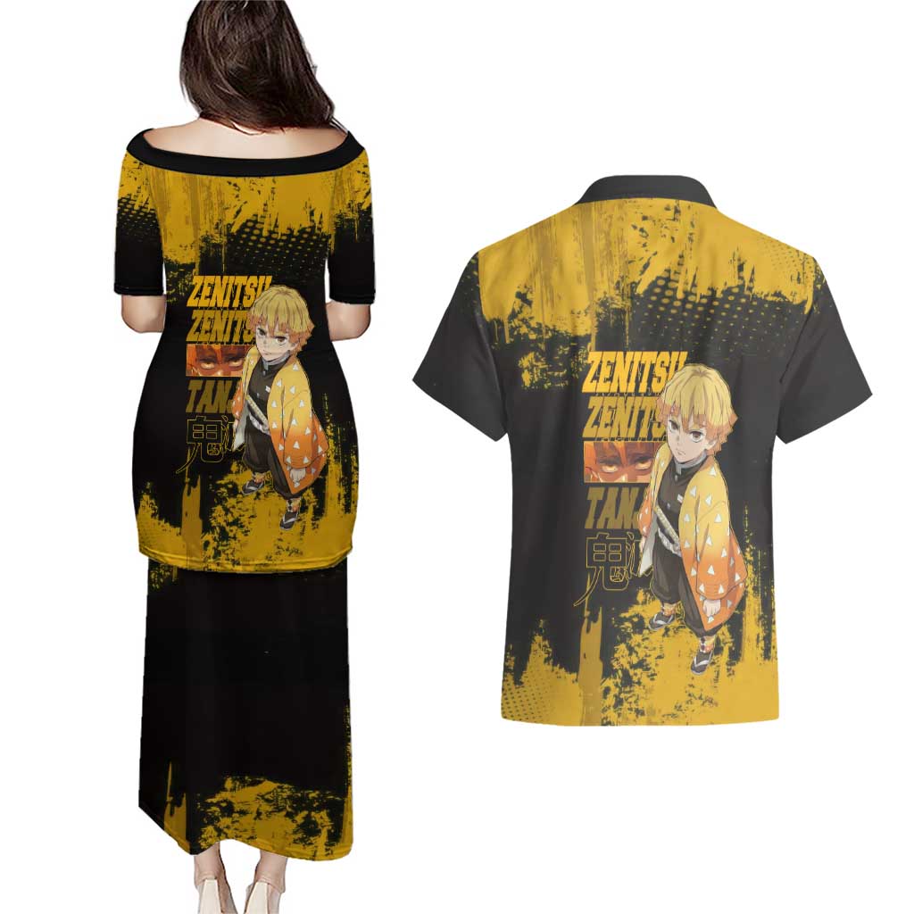 Zenitsu Agatsuma Demon Slayer Yellow Grunge Design Couples Matching Puletasi and Hawaiian Shirt with Lightning Eyes and Bold Pose - The Mazicc