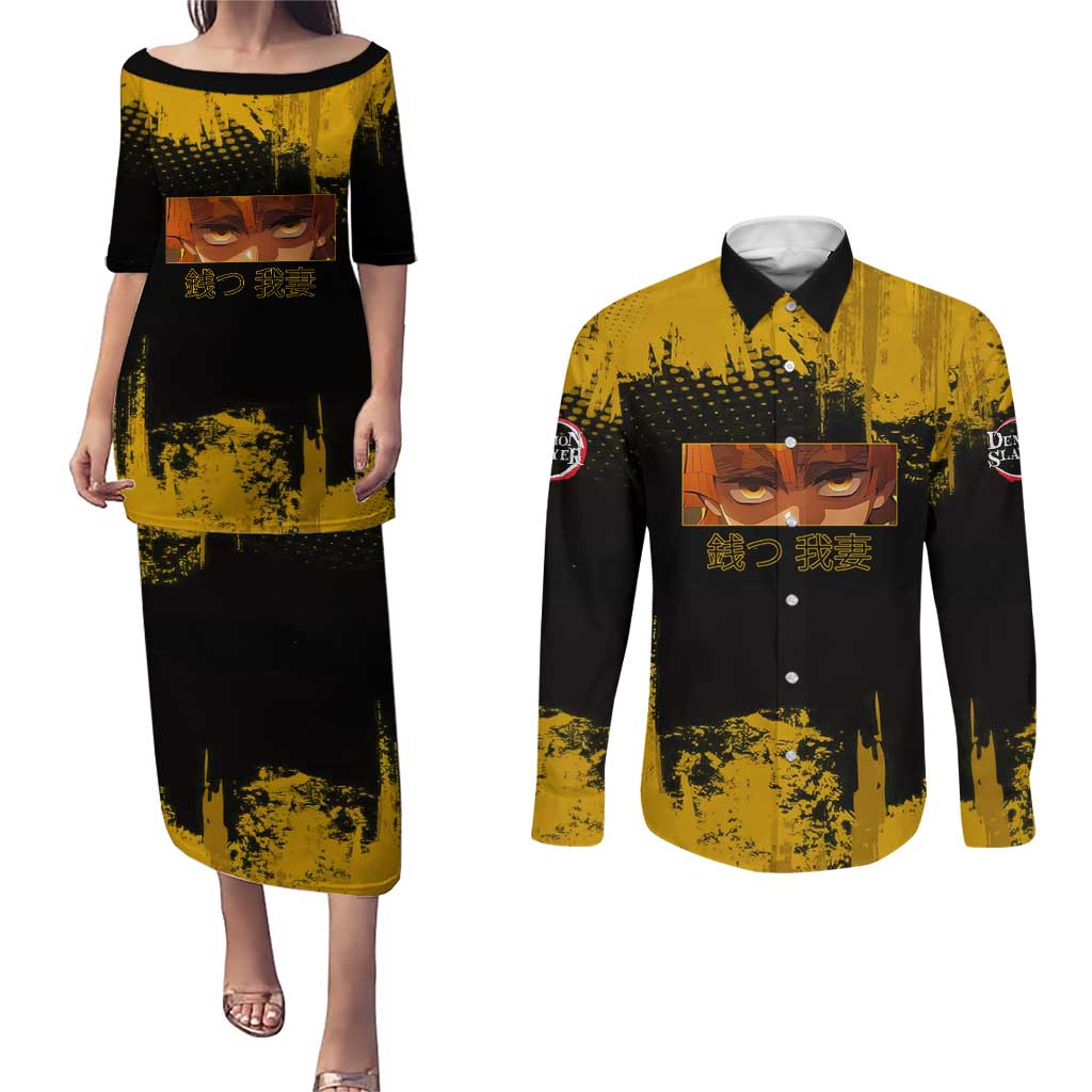 Zenitsu Agatsuma Demon Slayer Yellow Grunge Design Couples Matching Puletasi and Long Sleeve Button Shirt with Lightning Eyes and Bold Pose - The Mazicc
