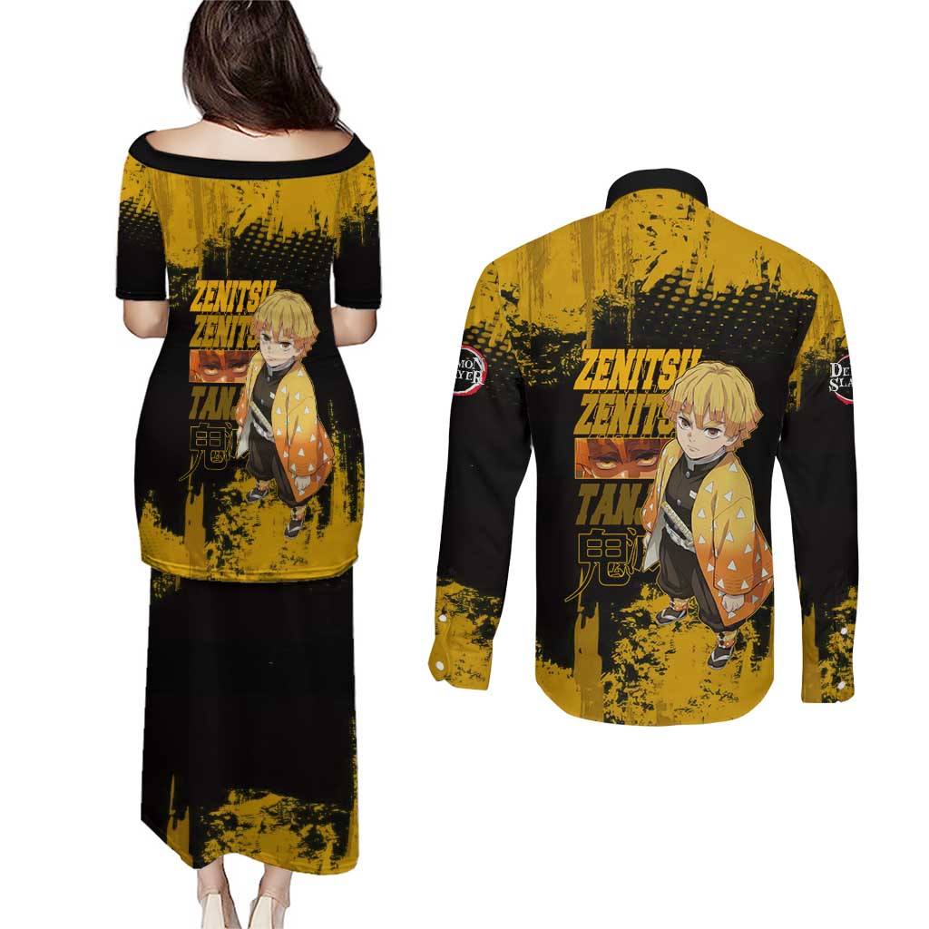Zenitsu Agatsuma Demon Slayer Yellow Grunge Design Couples Matching Puletasi and Long Sleeve Button Shirt with Lightning Eyes and Bold Pose - The Mazicc