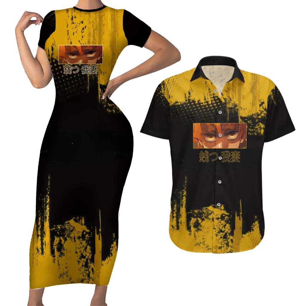 Zenitsu Agatsuma Demon Slayer Yellow Grunge Design Couples Matching Short Sleeve Bodycon Dress and Hawaiian Shirt with Lightning Eyes and Bold Pose - The Mazicc