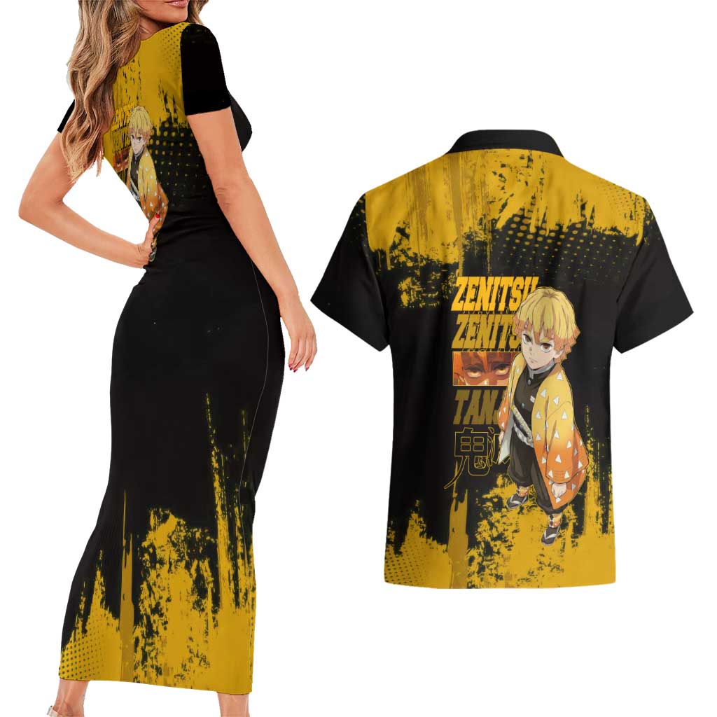 Zenitsu Agatsuma Demon Slayer Yellow Grunge Design Couples Matching Short Sleeve Bodycon Dress and Hawaiian Shirt with Lightning Eyes and Bold Pose - The Mazicc