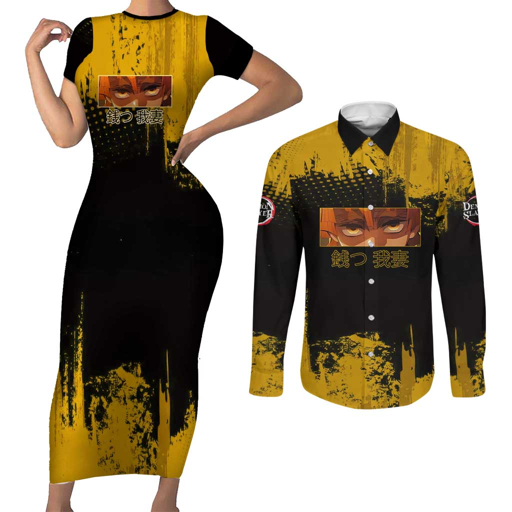 Zenitsu Agatsuma Demon Slayer Yellow Grunge Design Couples Matching Short Sleeve Bodycon Dress and Long Sleeve Button Shirt with Lightning Eyes and Bold Pose - The Mazicc