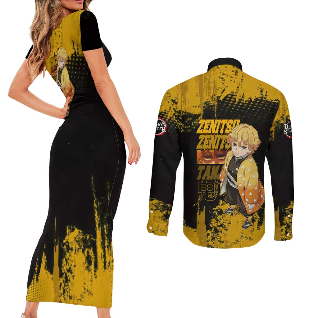 Zenitsu Agatsuma Demon Slayer Yellow Grunge Design Couples Matching Short Sleeve Bodycon Dress and Long Sleeve Button Shirt with Lightning Eyes and Bold Pose - The Mazicc