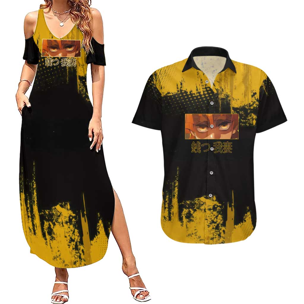 Zenitsu Agatsuma Demon Slayer Yellow Grunge Design Couples Matching Summer Maxi Dress and Hawaiian Shirt with Lightning Eyes and Bold Pose - The Mazicc