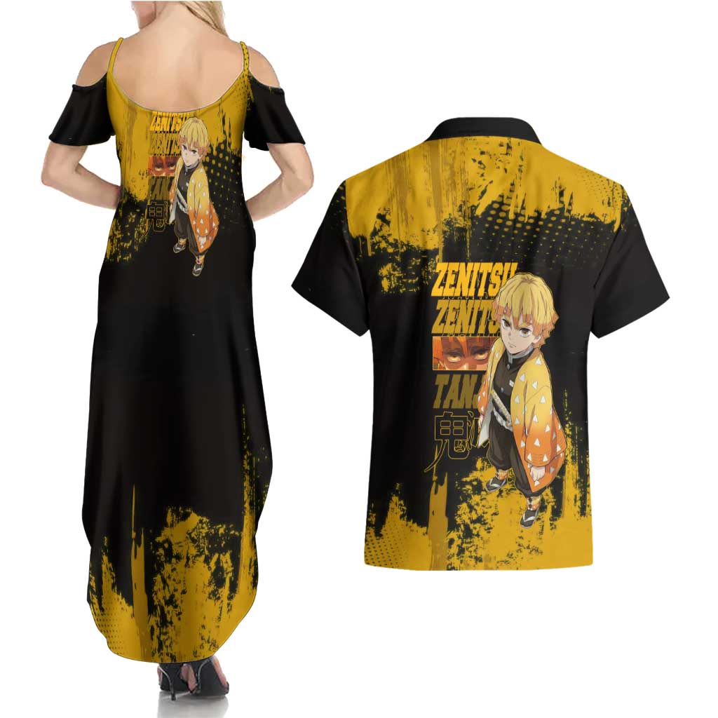 Zenitsu Agatsuma Demon Slayer Yellow Grunge Design Couples Matching Summer Maxi Dress and Hawaiian Shirt with Lightning Eyes and Bold Pose - The Mazicc
