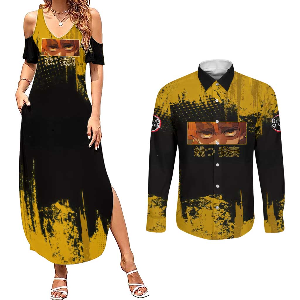 Zenitsu Agatsuma Demon Slayer Yellow Grunge Design Couples Matching Summer Maxi Dress and Long Sleeve Button Shirt with Lightning Eyes and Bold Pose - The Mazicc