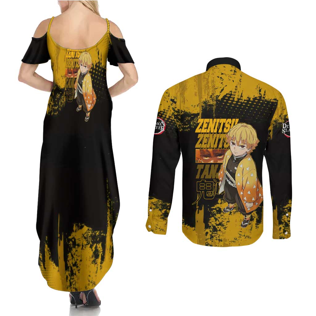 Zenitsu Agatsuma Demon Slayer Yellow Grunge Design Couples Matching Summer Maxi Dress and Long Sleeve Button Shirt with Lightning Eyes and Bold Pose - The Mazicc