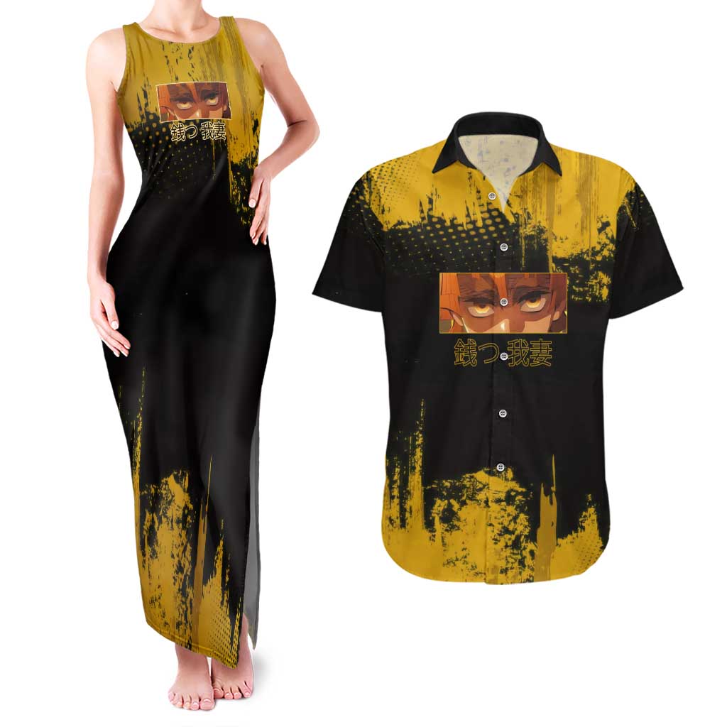 Zenitsu Agatsuma Demon Slayer Yellow Grunge Design Couples Matching Tank Maxi Dress and Hawaiian Shirt with Lightning Eyes and Bold Pose - The Mazicc