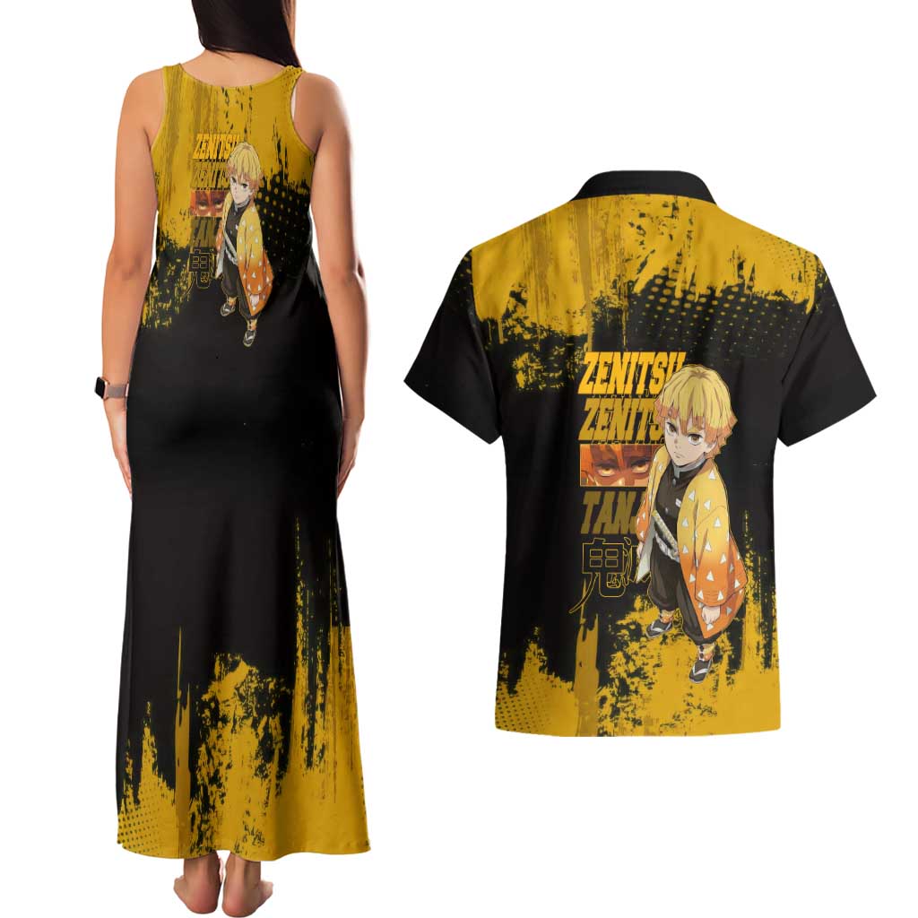 Zenitsu Agatsuma Demon Slayer Yellow Grunge Design Couples Matching Tank Maxi Dress and Hawaiian Shirt with Lightning Eyes and Bold Pose - The Mazicc