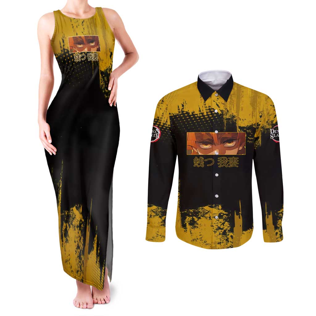 Zenitsu Agatsuma Demon Slayer Yellow Grunge Design Couples Matching Tank Maxi Dress and Long Sleeve Button Shirt with Lightning Eyes and Bold Pose - The Mazicc