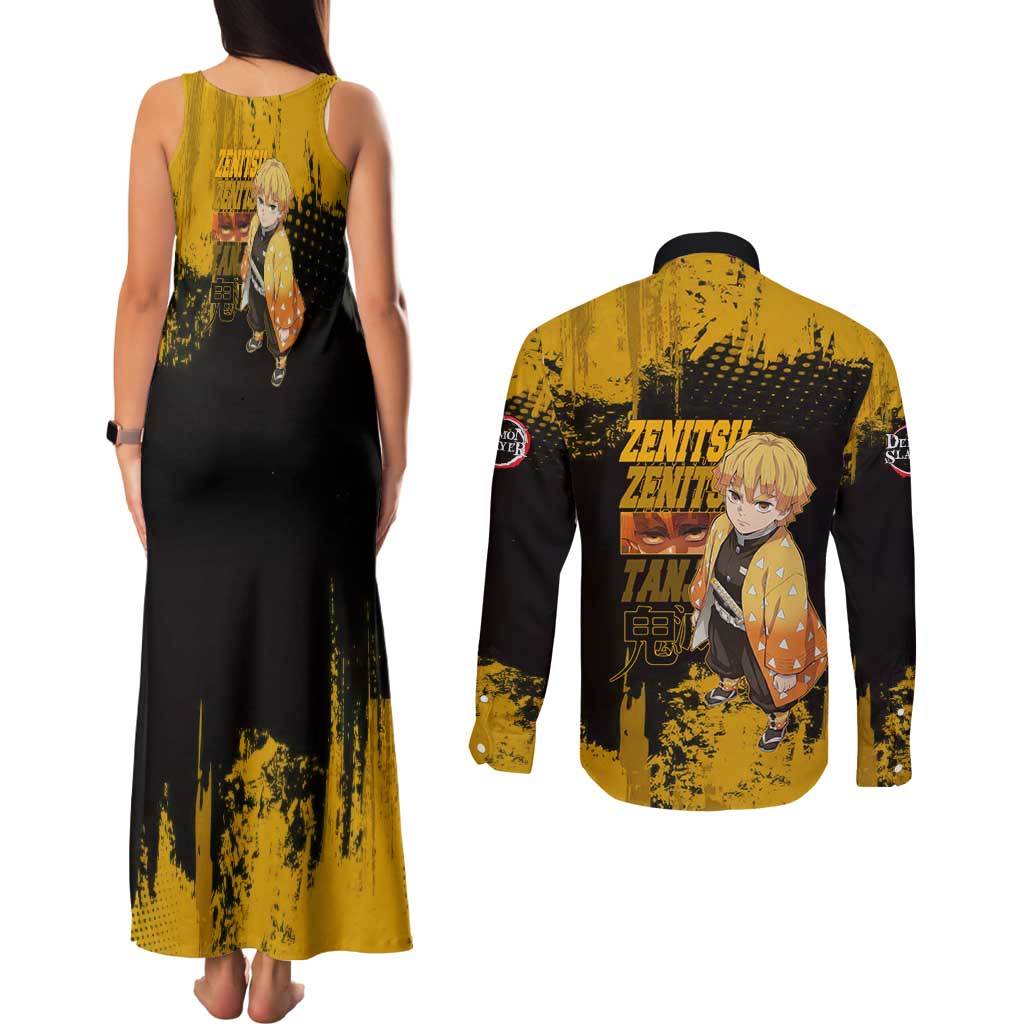 Zenitsu Agatsuma Demon Slayer Yellow Grunge Design Couples Matching Tank Maxi Dress and Long Sleeve Button Shirt with Lightning Eyes and Bold Pose - The Mazicc