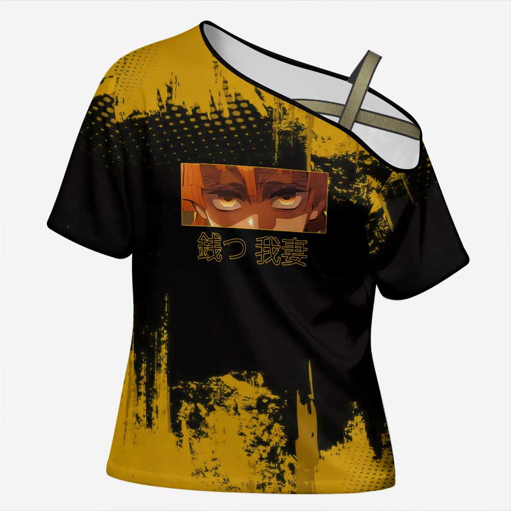 Zenitsu Agatsuma Demon Slayer Yellow Grunge Design Cross Shoulder Shirt with Lightning Eyes and Bold Pose - The Mazicc