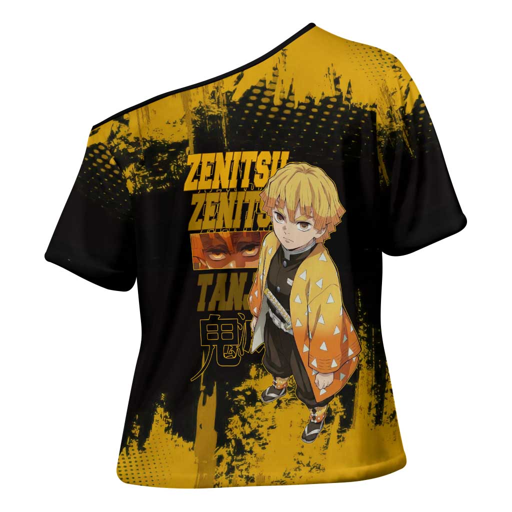 Zenitsu Agatsuma Demon Slayer Yellow Grunge Design Cross Shoulder Shirt with Lightning Eyes and Bold Pose - The Mazicc