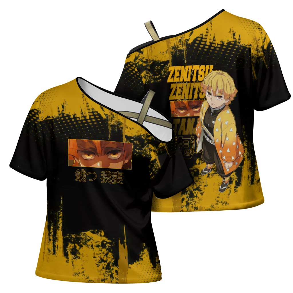 Zenitsu Agatsuma Demon Slayer Yellow Grunge Design Cross Shoulder Shirt with Lightning Eyes and Bold Pose - The Mazicc