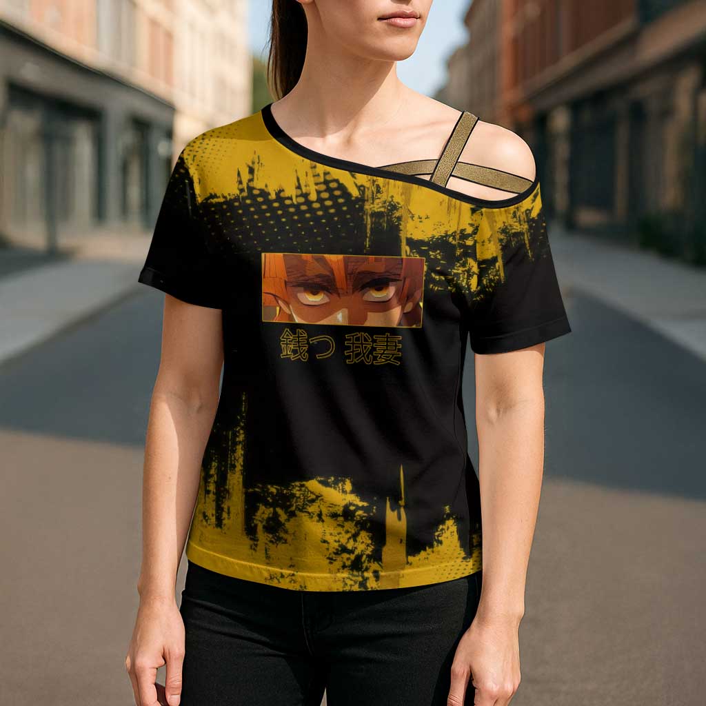 Zenitsu Agatsuma Demon Slayer Yellow Grunge Design Cross Shoulder Shirt with Lightning Eyes and Bold Pose - The Mazicc