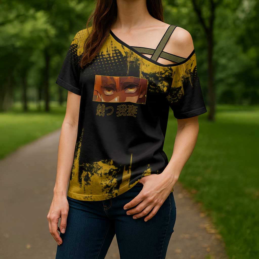 Zenitsu Agatsuma Demon Slayer Yellow Grunge Design Cross Shoulder Shirt with Lightning Eyes and Bold Pose - The Mazicc