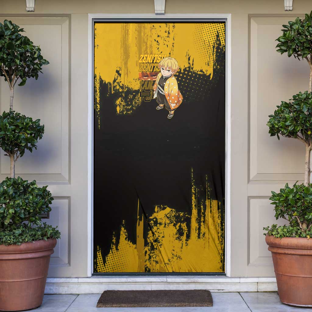 Zenitsu Agatsuma Demon Slayer Yellow Grunge Design Door Cover with Lightning Eyes and Bold Pose - The Mazicc