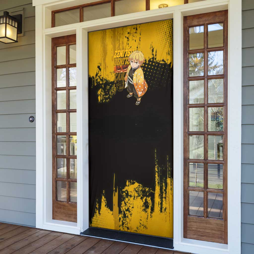 Zenitsu Agatsuma Demon Slayer Yellow Grunge Design Door Cover with Lightning Eyes and Bold Pose - The Mazicc