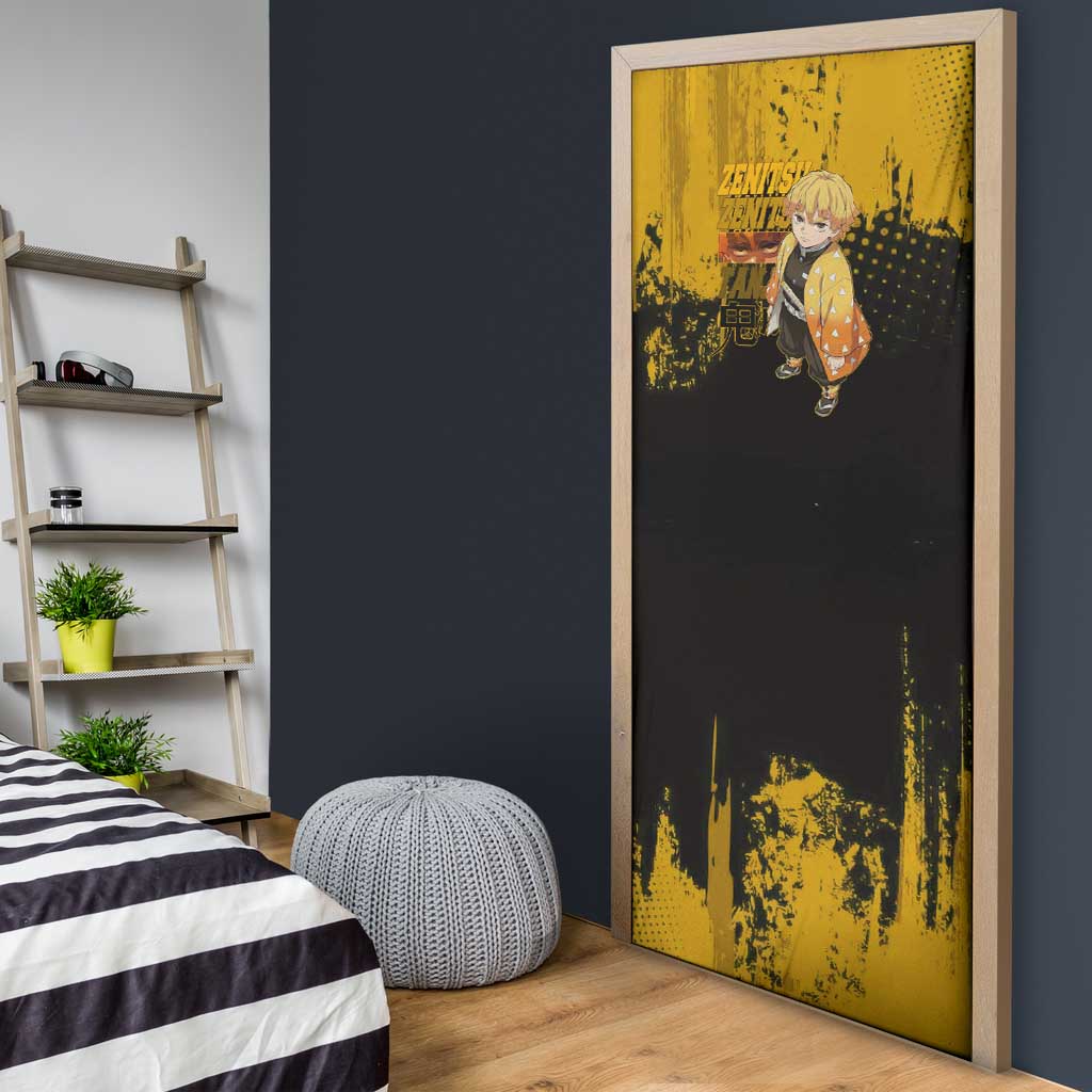 Zenitsu Agatsuma Demon Slayer Yellow Grunge Design Door Cover with Lightning Eyes and Bold Pose - The Mazicc
