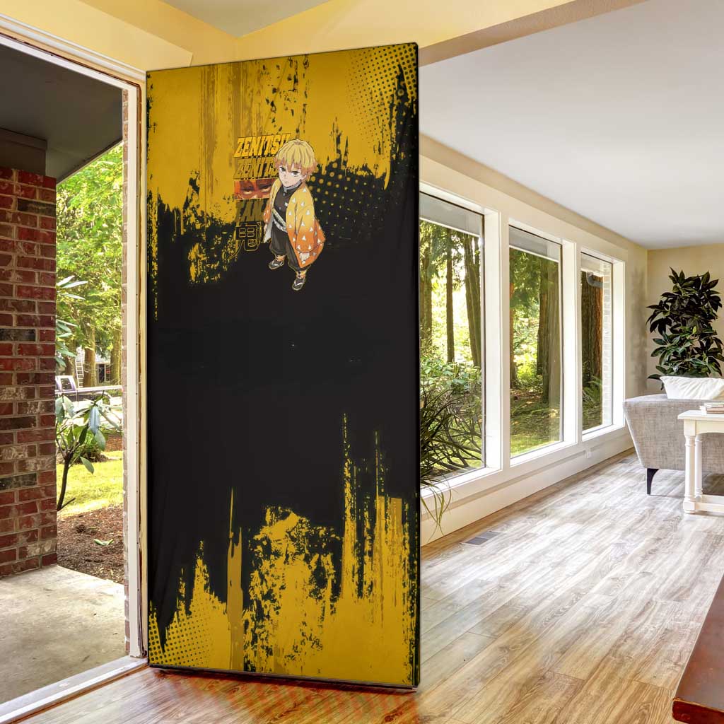 Zenitsu Agatsuma Demon Slayer Yellow Grunge Design Door Cover with Lightning Eyes and Bold Pose - The Mazicc