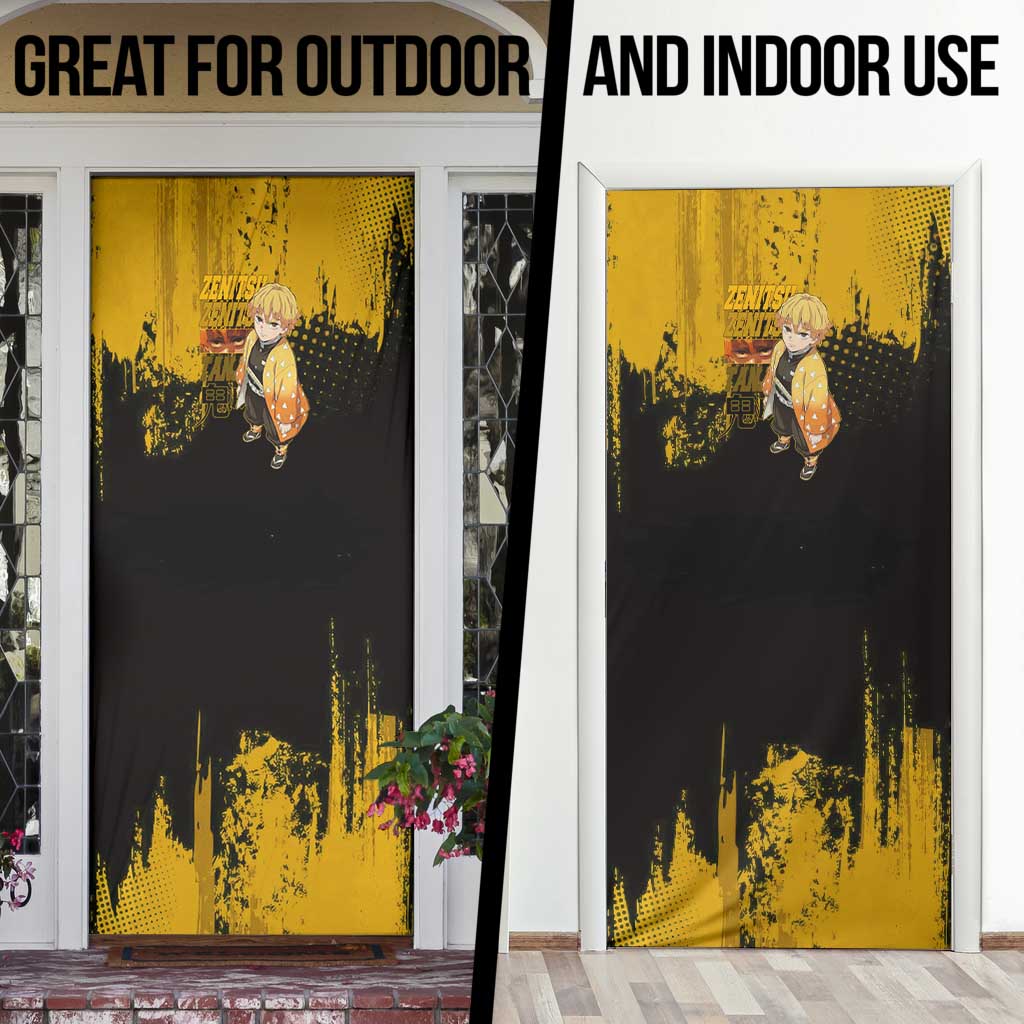 Zenitsu Agatsuma Demon Slayer Yellow Grunge Design Door Cover with Lightning Eyes and Bold Pose - The Mazicc
