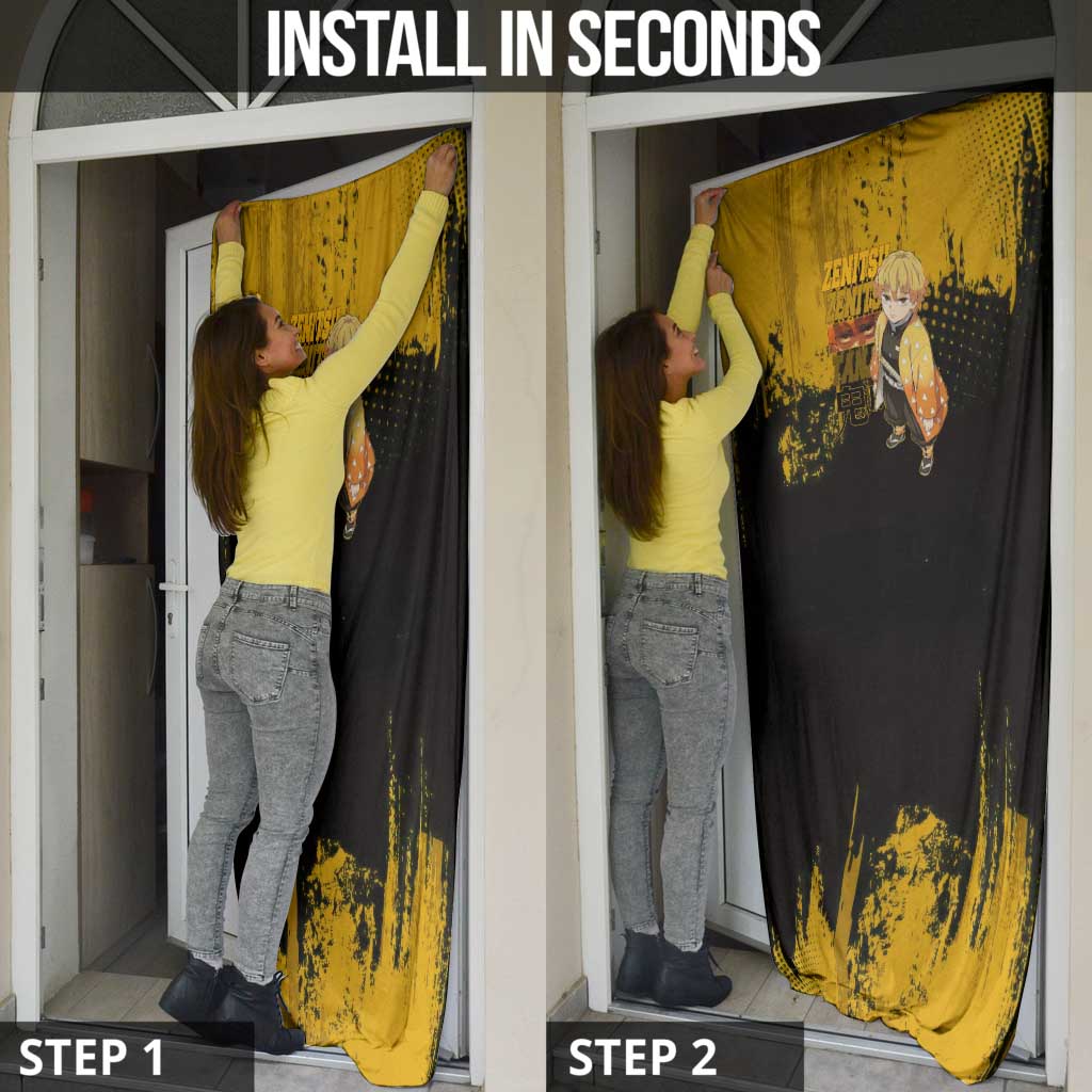 Zenitsu Agatsuma Demon Slayer Yellow Grunge Design Door Cover with Lightning Eyes and Bold Pose - The Mazicc
