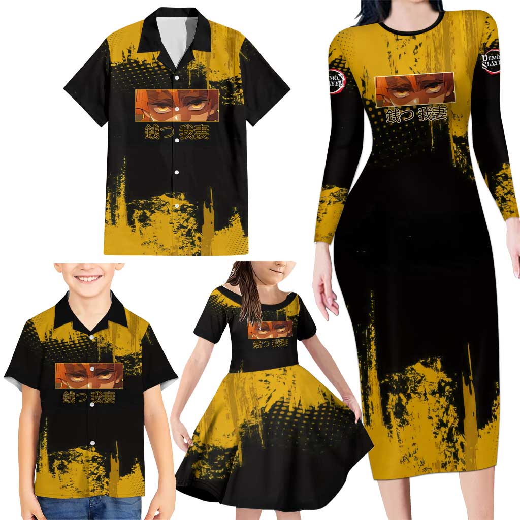 Zenitsu Agatsuma Demon Slayer Yellow Grunge Design Family Matching Long Sleeve Bodycon Dress and Hawaiian Shirt with Lightning Eyes and Bold Pose