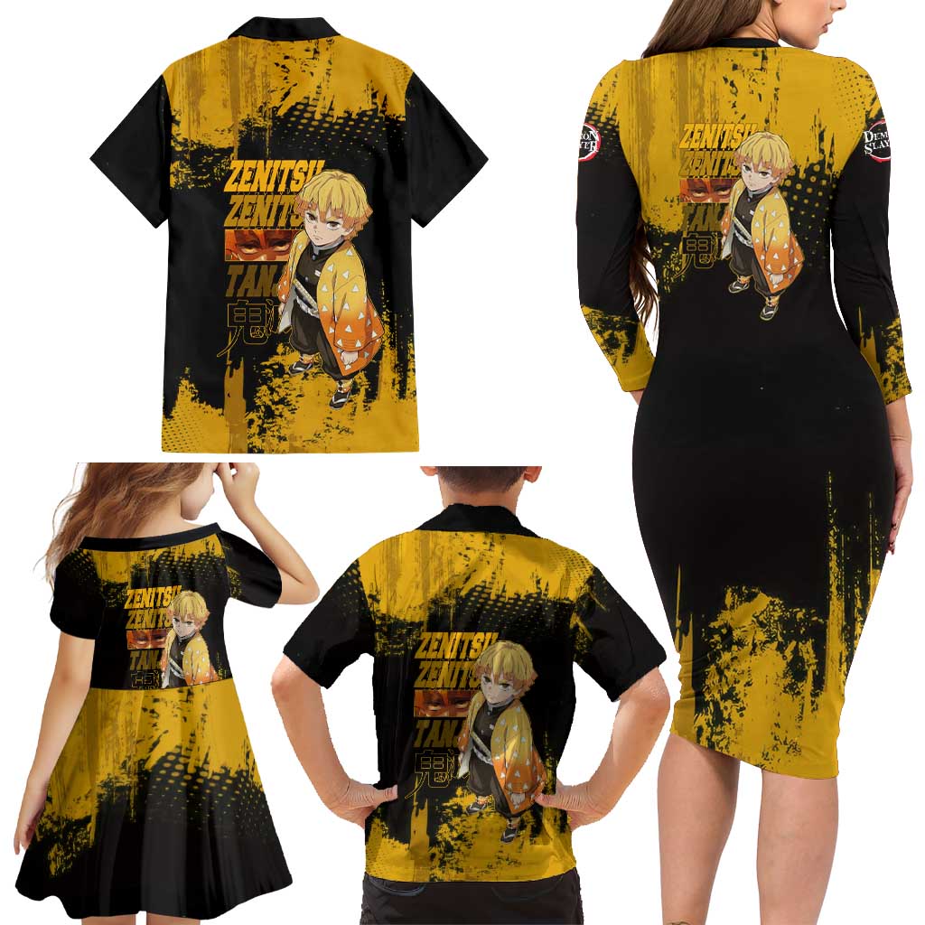 Zenitsu Agatsuma Demon Slayer Yellow Grunge Design Family Matching Long Sleeve Bodycon Dress and Hawaiian Shirt with Lightning Eyes and Bold Pose