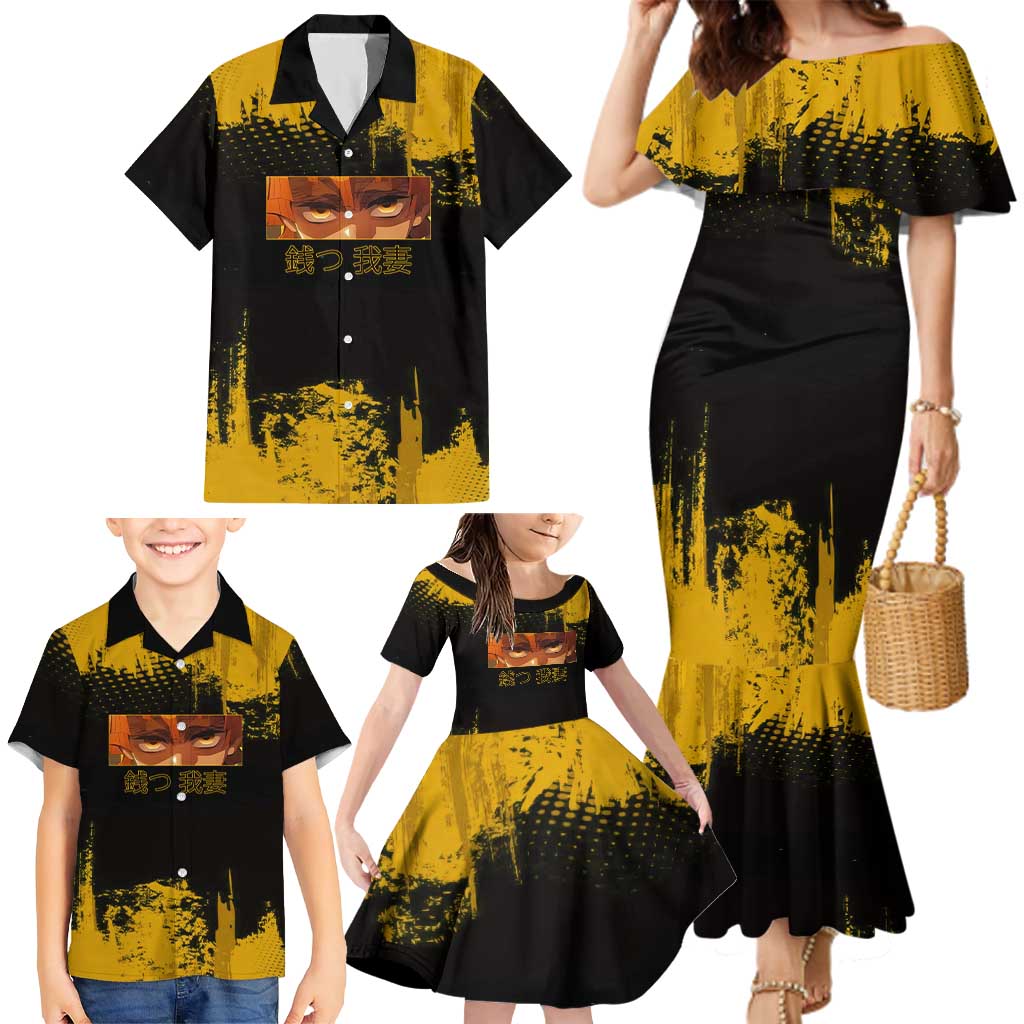 Zenitsu Agatsuma Demon Slayer Yellow Grunge Design Family Matching Mermaid Dress and Hawaiian Shirt with Lightning Eyes and Bold Pose