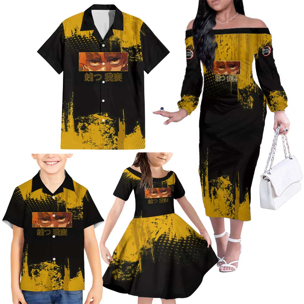 Zenitsu Agatsuma Demon Slayer Yellow Grunge Design Family Matching Off The Shoulder Long Sleeve Dress and Hawaiian Shirt with Lightning Eyes and Bold Pose