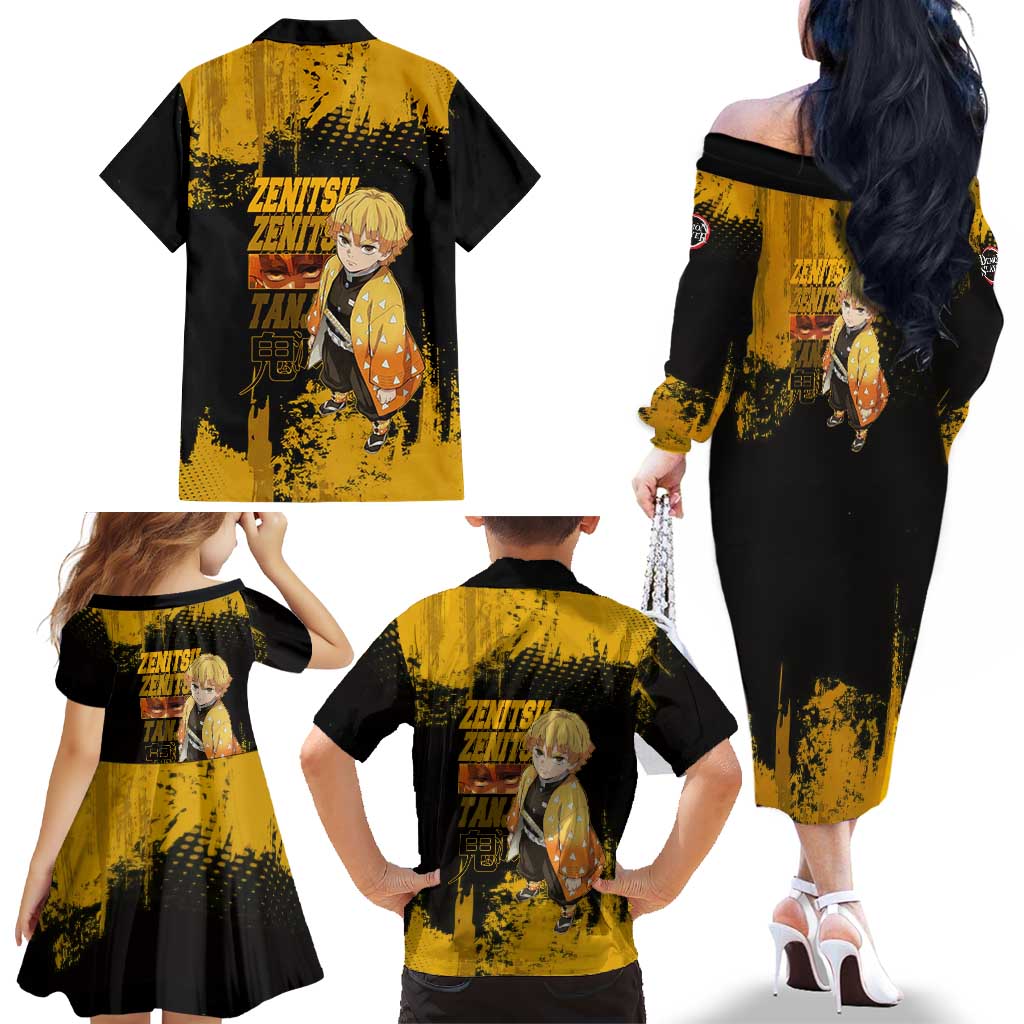 Zenitsu Agatsuma Demon Slayer Yellow Grunge Design Family Matching Off The Shoulder Long Sleeve Dress and Hawaiian Shirt with Lightning Eyes and Bold Pose