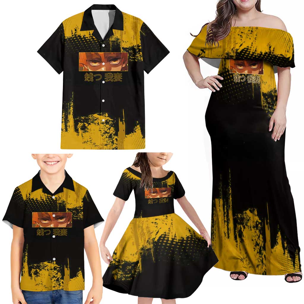 Zenitsu Agatsuma Demon Slayer Yellow Grunge Design Family Matching Off Shoulder Maxi Dress and Hawaiian Shirt with Lightning Eyes and Bold Pose