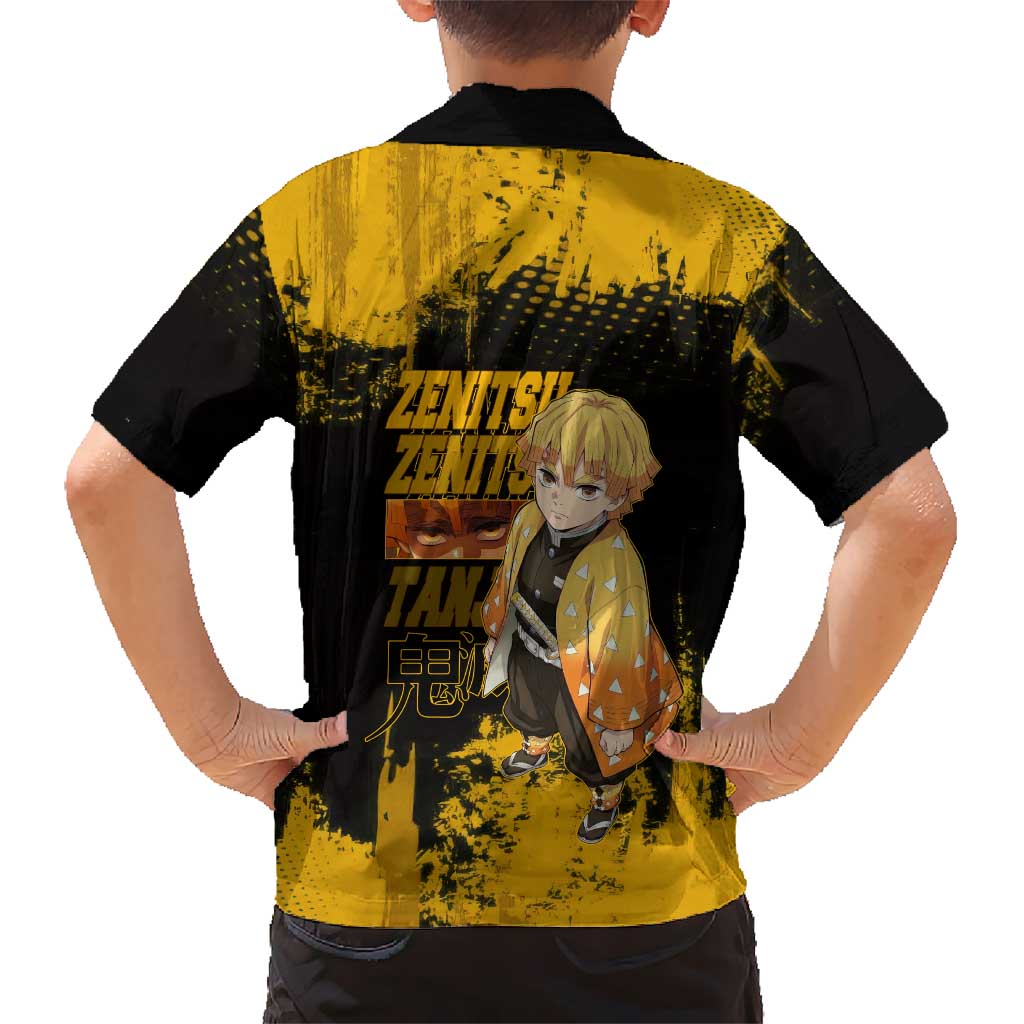 Zenitsu Agatsuma Demon Slayer Yellow Grunge Design Family Matching Off Shoulder Maxi Dress and Hawaiian Shirt with Lightning Eyes and Bold Pose