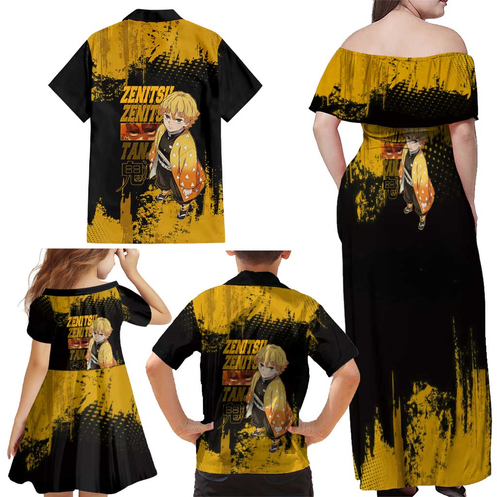 Zenitsu Agatsuma Demon Slayer Yellow Grunge Design Family Matching Off Shoulder Maxi Dress and Hawaiian Shirt with Lightning Eyes and Bold Pose