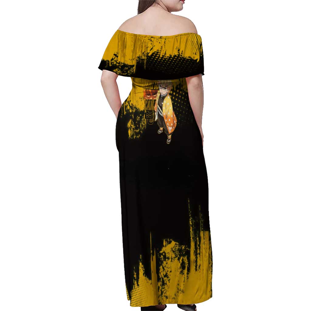 Zenitsu Agatsuma Demon Slayer Yellow Grunge Design Family Matching Off Shoulder Maxi Dress and Hawaiian Shirt with Lightning Eyes and Bold Pose