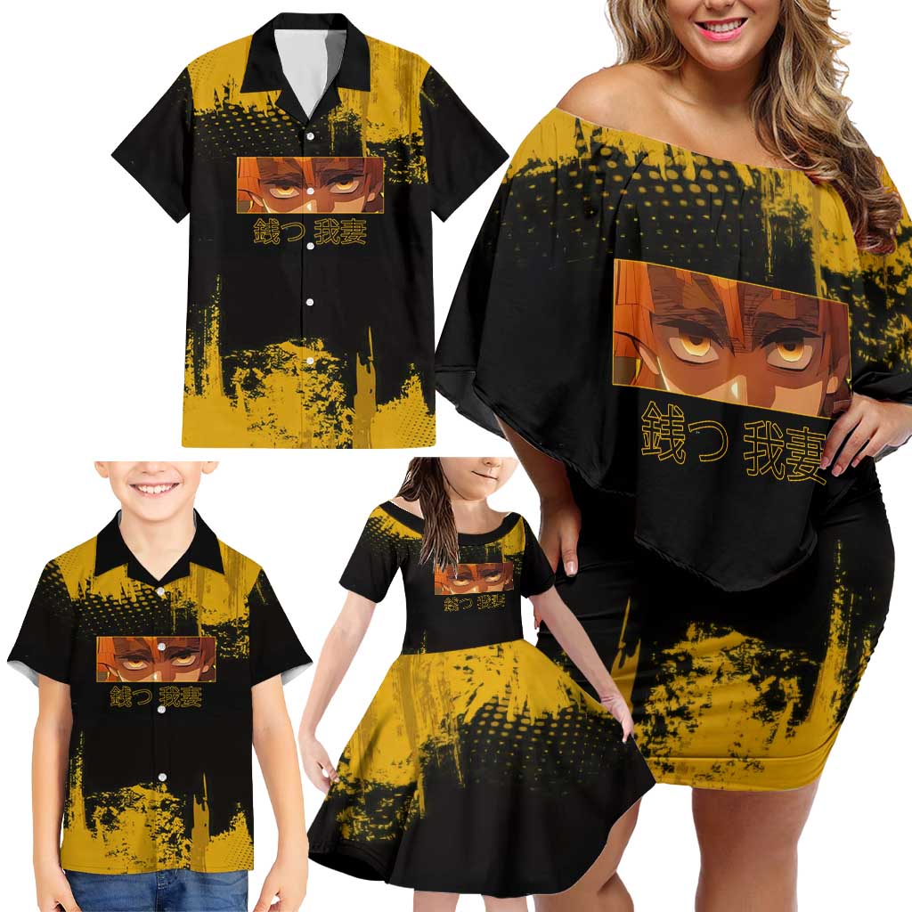 Zenitsu Agatsuma Demon Slayer Yellow Grunge Design Family Matching Off Shoulder Short Dress and Hawaiian Shirt with Lightning Eyes and Bold Pose