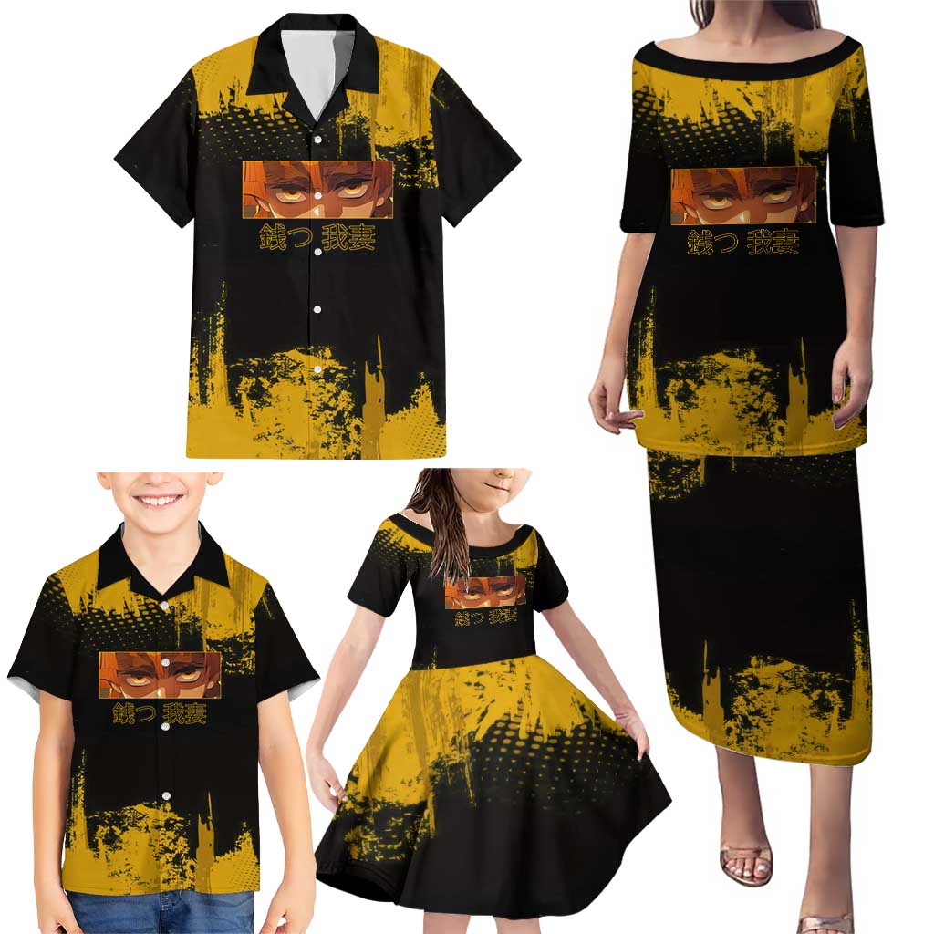 Zenitsu Agatsuma Demon Slayer Yellow Grunge Design Family Matching Puletasi and Hawaiian Shirt with Lightning Eyes and Bold Pose