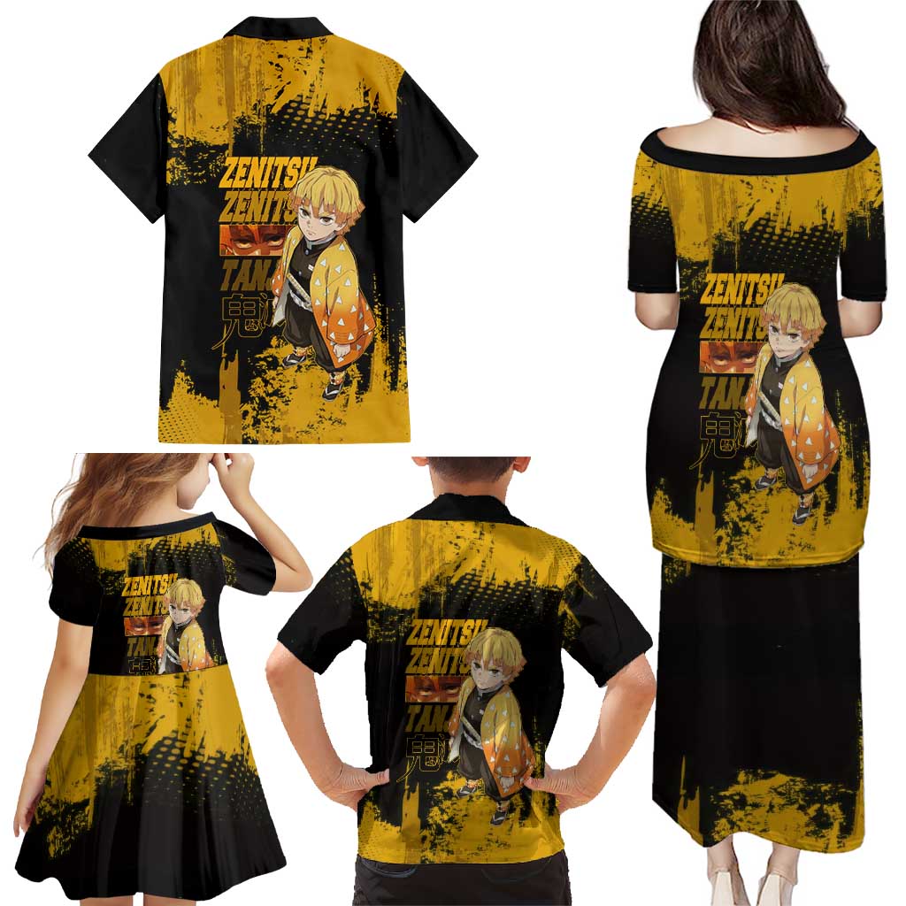 Zenitsu Agatsuma Demon Slayer Yellow Grunge Design Family Matching Puletasi and Hawaiian Shirt with Lightning Eyes and Bold Pose
