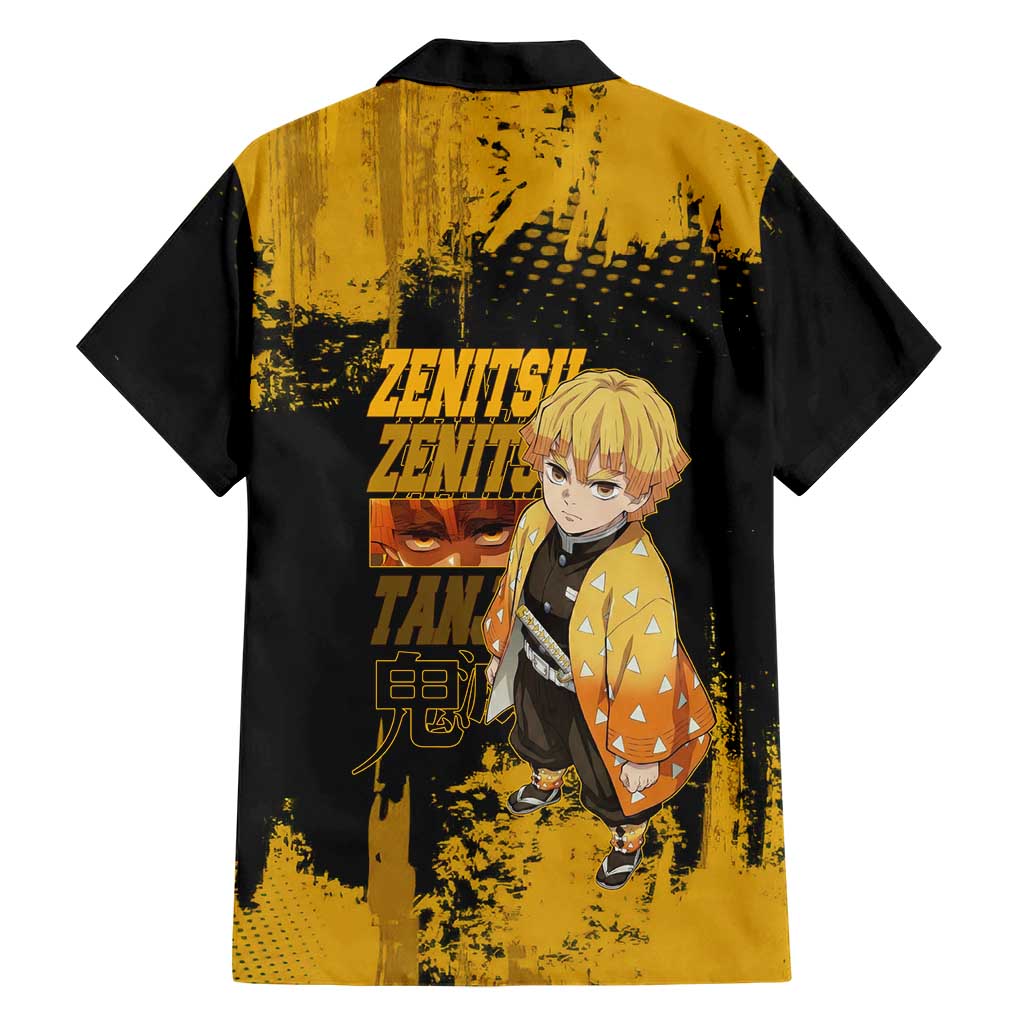 Zenitsu Agatsuma Demon Slayer Yellow Grunge Design Family Matching Puletasi and Hawaiian Shirt with Lightning Eyes and Bold Pose