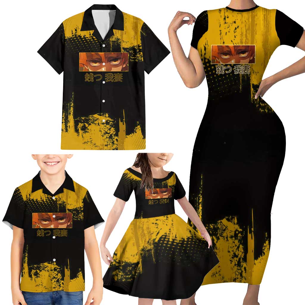 Zenitsu Agatsuma Demon Slayer Yellow Grunge Design Family Matching Short Sleeve Bodycon Dress and Hawaiian Shirt with Lightning Eyes and Bold Pose